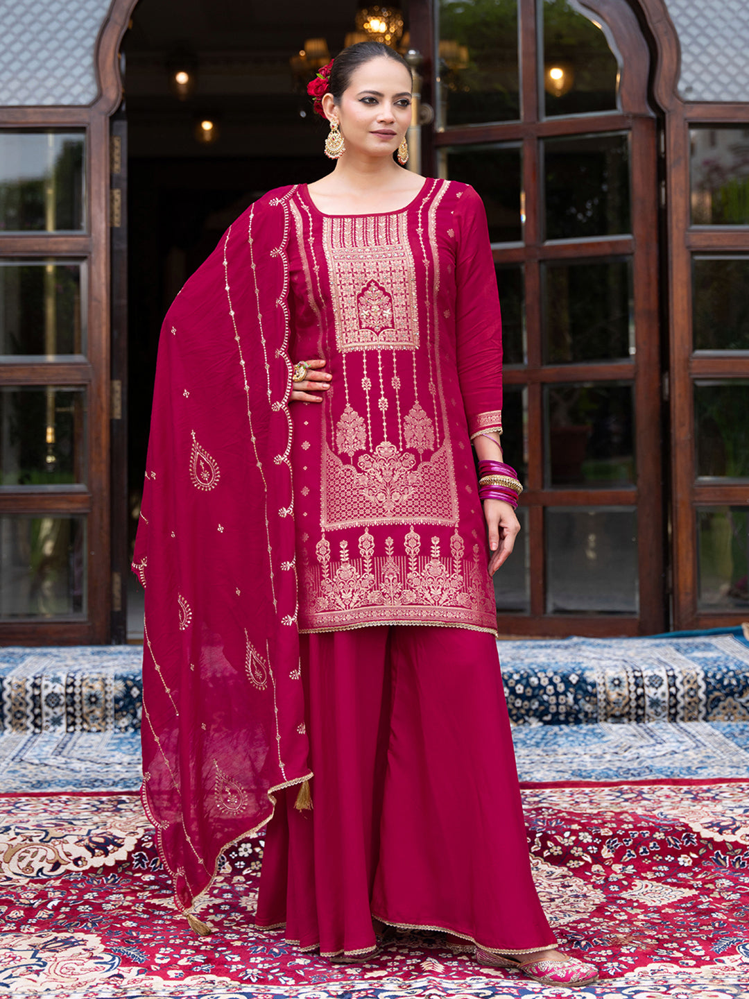 Pink Jacquard Kurta Set with Dupatta