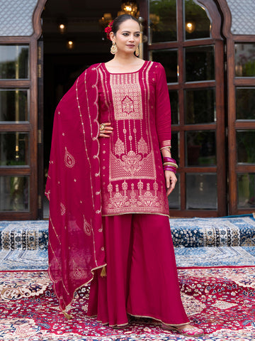 Magenta Silk Blend Jacquard  With Khatli Work Kurta With Palazzo And Dupatta Set