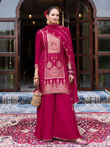 Magenta Silk Blend Jacquard  With Khatli Work Kurta With Palazzo And Dupatta Set
