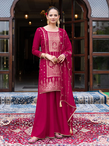 Magenta Silk Blend Jacquard  With Khatli Work Kurta With Palazzo And Dupatta Set
