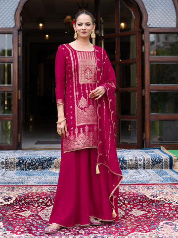 Magenta Silk Blend Jacquard  With Khatli Work Kurta With Palazzo And Dupatta Set