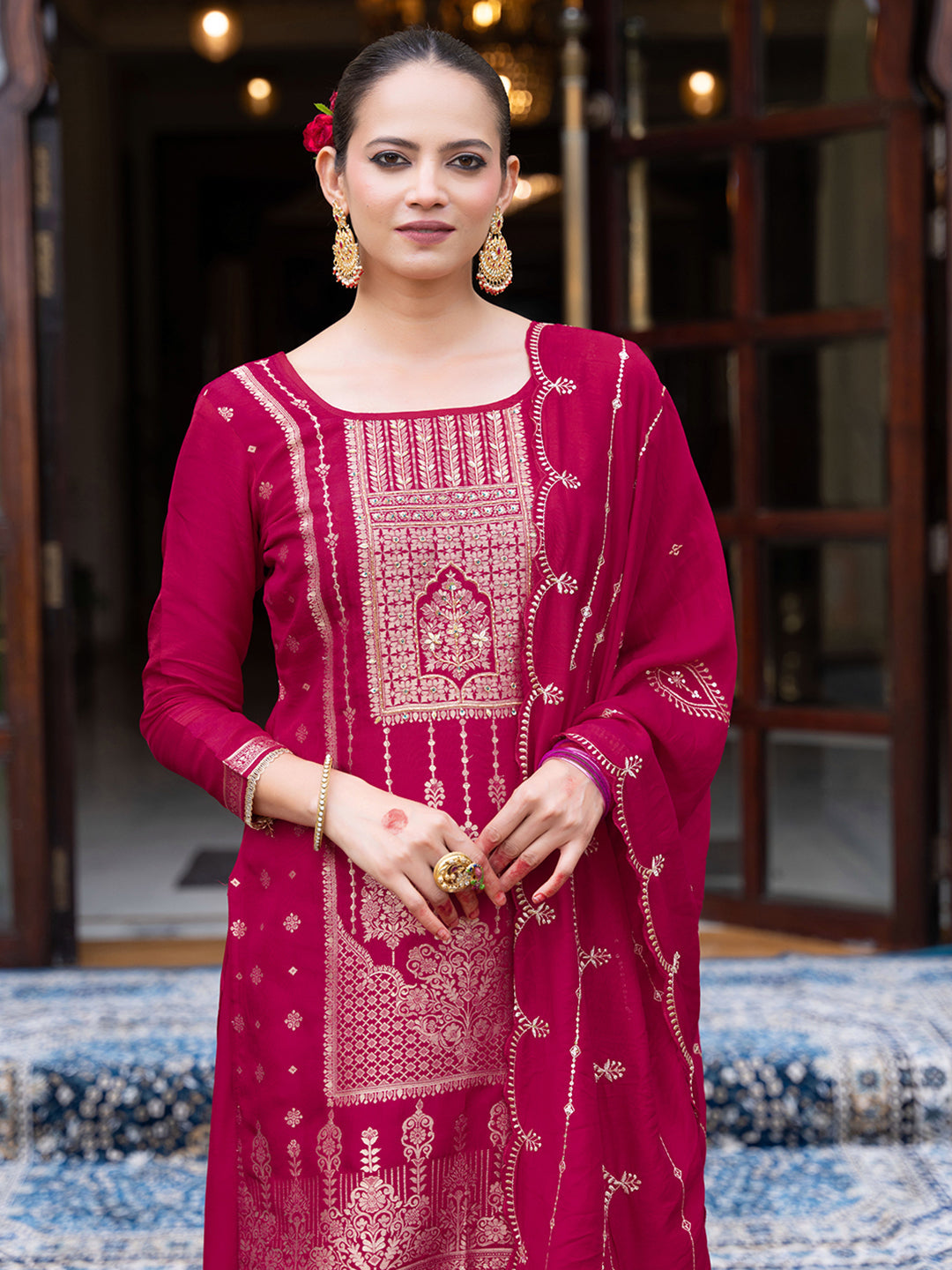 Pink Jacquard Kurta Set with Dupatta