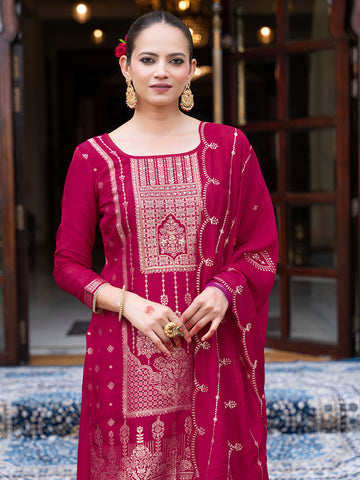 Magenta Silk Blend Jacquard  With Khatli Work Kurta With Palazzo And Dupatta Set
