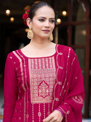 Magenta Silk Blend Jacquard  With Khatli Work Kurta With Palazzo And Dupatta Set