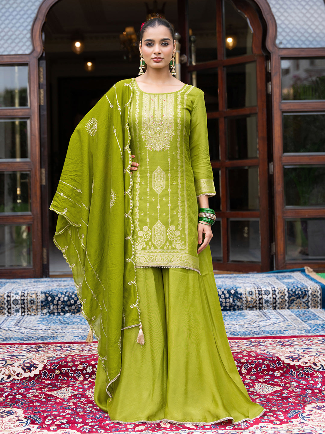 Green Jacquard Kurta Set with Dupatta