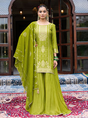 Lime Green Silk Blend Jacquard  With Khatli Work Kurta With Palazzo And Dupatta Set
