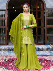 Lime Green Silk Blend Jacquard  With Khatli Work Kurta With Palazzo And Dupatta Set