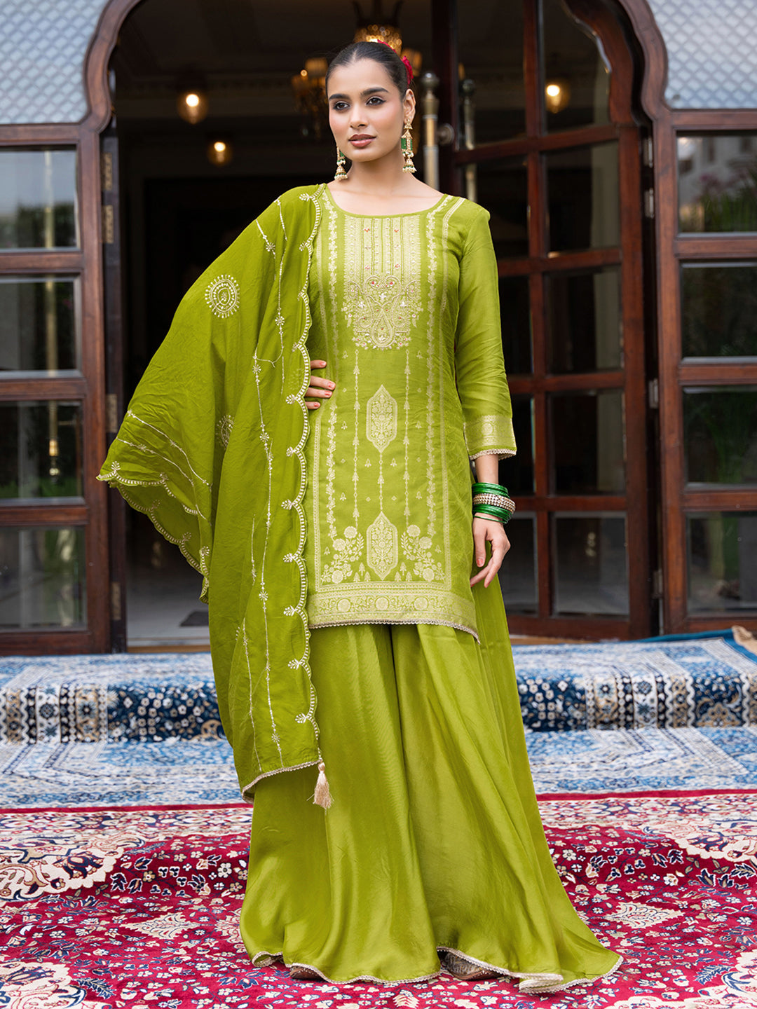 Lime Green Silk Blend Jacquard  With Khatli Work Kurta With Palazzo And Dupatta Set