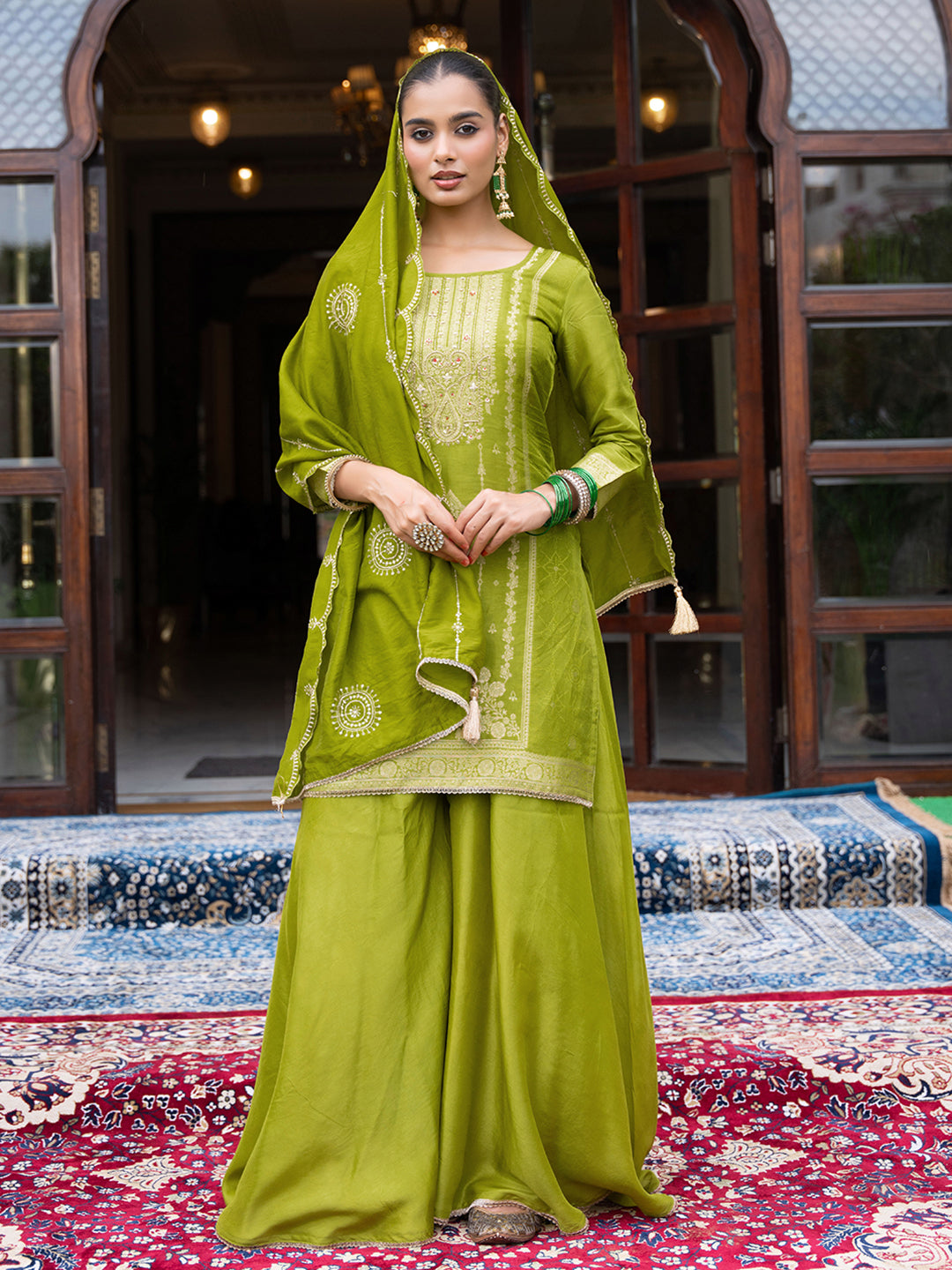 Green Jacquard Kurta Set with Dupatta