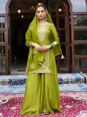 Lime Green Silk Blend Jacquard  With Khatli Work Kurta With Palazzo And Dupatta Set