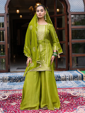 Lime Green Silk Blend Jacquard  With Khatli Work Kurta With Palazzo And Dupatta Set
