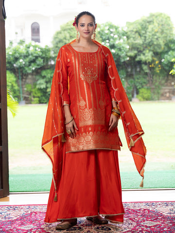 Orange Silk Blend Jacquard  With Khatli Work Kurta With Palazzo And Dupatta Set