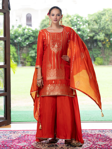 Orange Jacquard Kurta Set with Dupatta