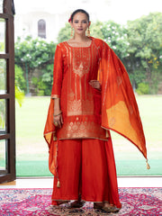 Orange Silk Blend Jacquard  With Khatli Work Kurta With Palazzo And Dupatta Set