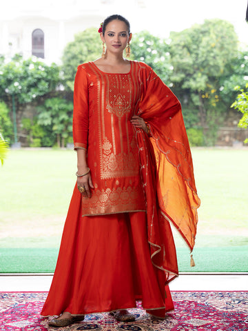 Orange Silk Blend Jacquard  With Khatli Work Kurta With Palazzo And Dupatta Set