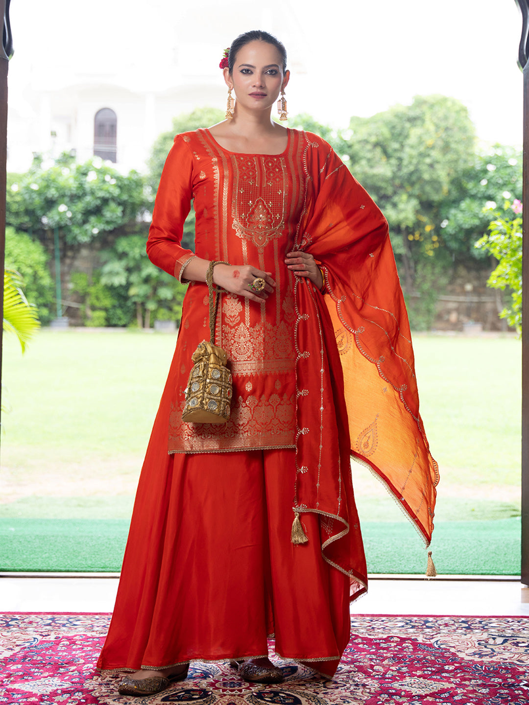 Orange Jacquard Kurta Set with Dupatta