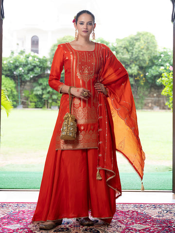 Orange Silk Blend Jacquard  With Khatli Work Kurta With Palazzo And Dupatta Set