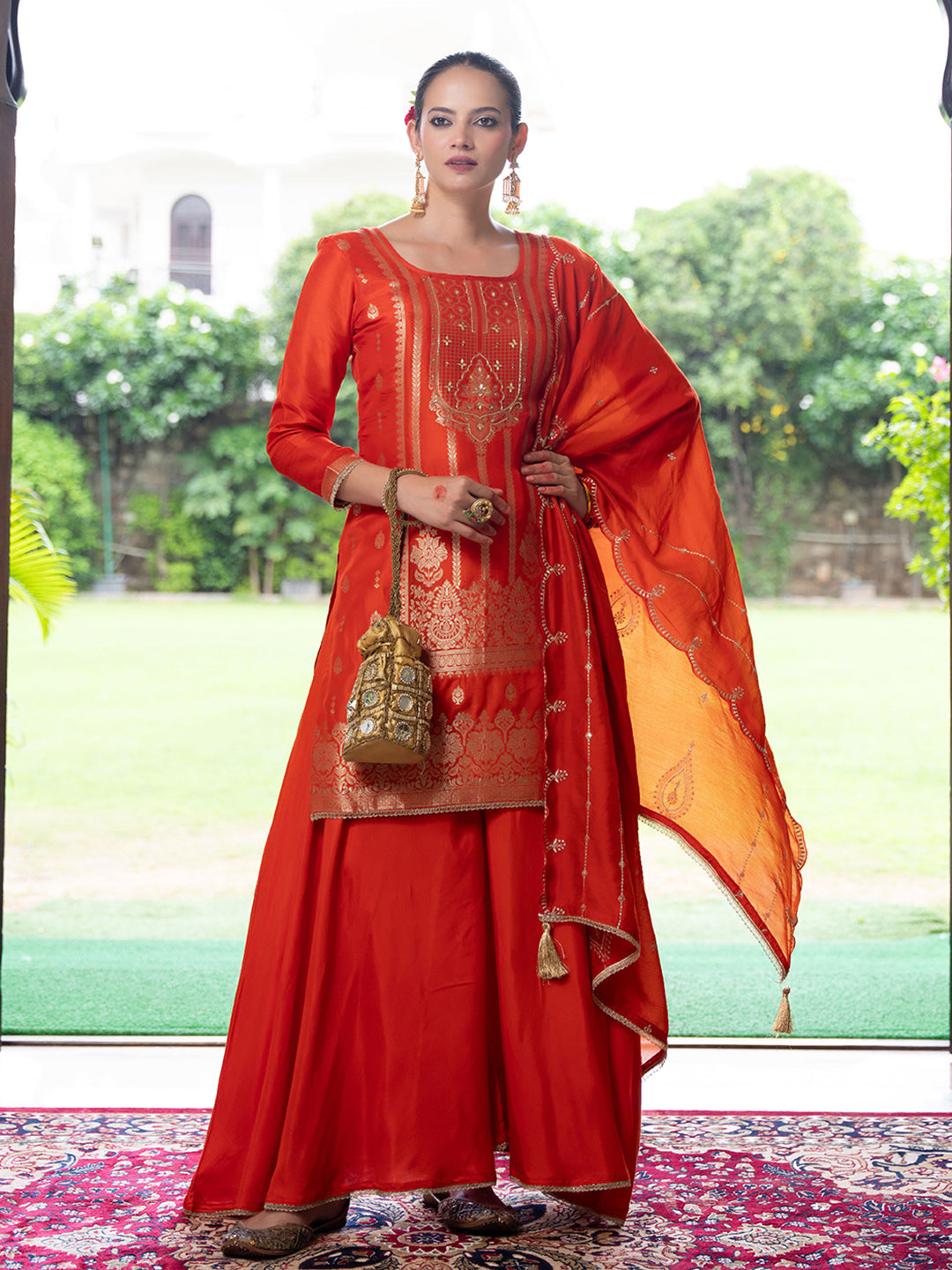 Orange Silk Blend Jacquard  With Khatli Work Kurta With Palazzo And Dupatta Set
