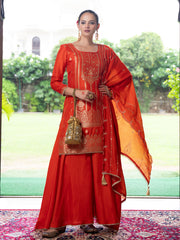 Orange Silk Blend Jacquard  With Khatli Work Kurta With Palazzo And Dupatta Set