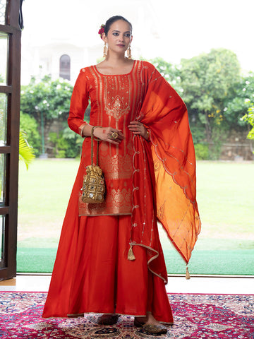 Orange Jacquard Kurta Set with Dupatta