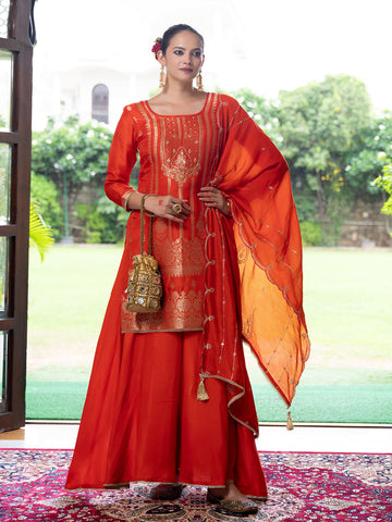 Orange Silk Blend Jacquard  With Khatli Work Kurta With Palazzo And Dupatta Set