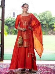Orange Silk Blend Jacquard  With Khatli Work Kurta With Palazzo And Dupatta Set