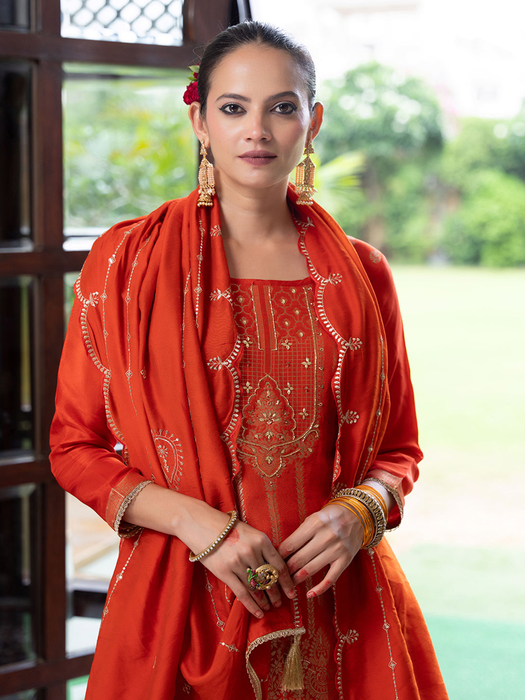 Orange Silk Blend Jacquard  With Khatli Work Kurta With Palazzo And Dupatta Set