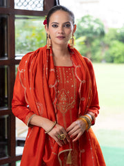 Orange Jacquard Kurta Set with Dupatta