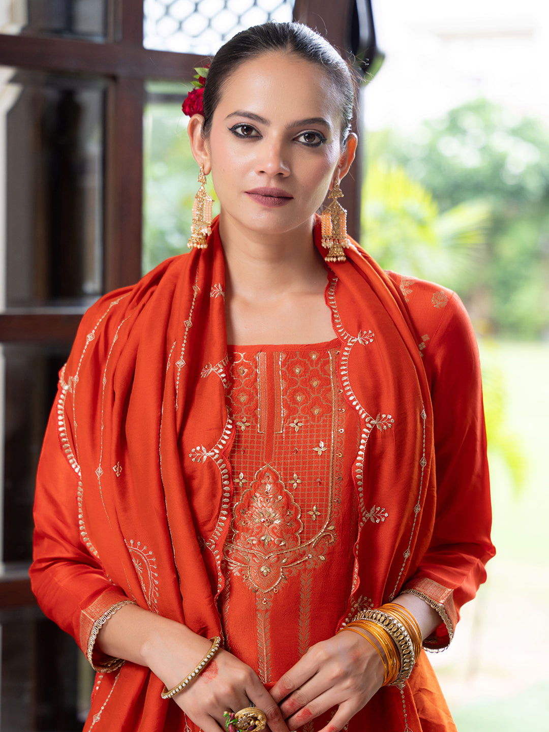 Orange Silk Blend Jacquard  With Khatli Work Kurta With Palazzo And Dupatta Set