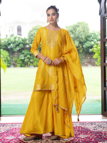 Yellow Silk Blend Jacquard  With Khatli Work Kurta With Palazzo And Dupatta Set