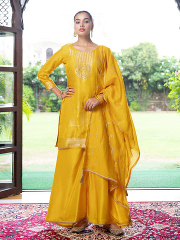 Yellow Silk Blend Jacquard  With Khatli Work Kurta With Palazzo And Dupatta Set