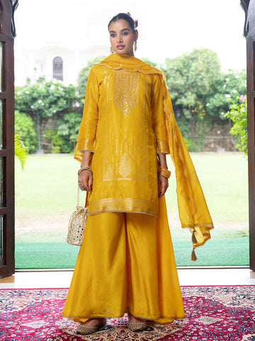 Yellow Silk Blend Jacquard  With Khatli Work Kurta With Palazzo And Dupatta Set