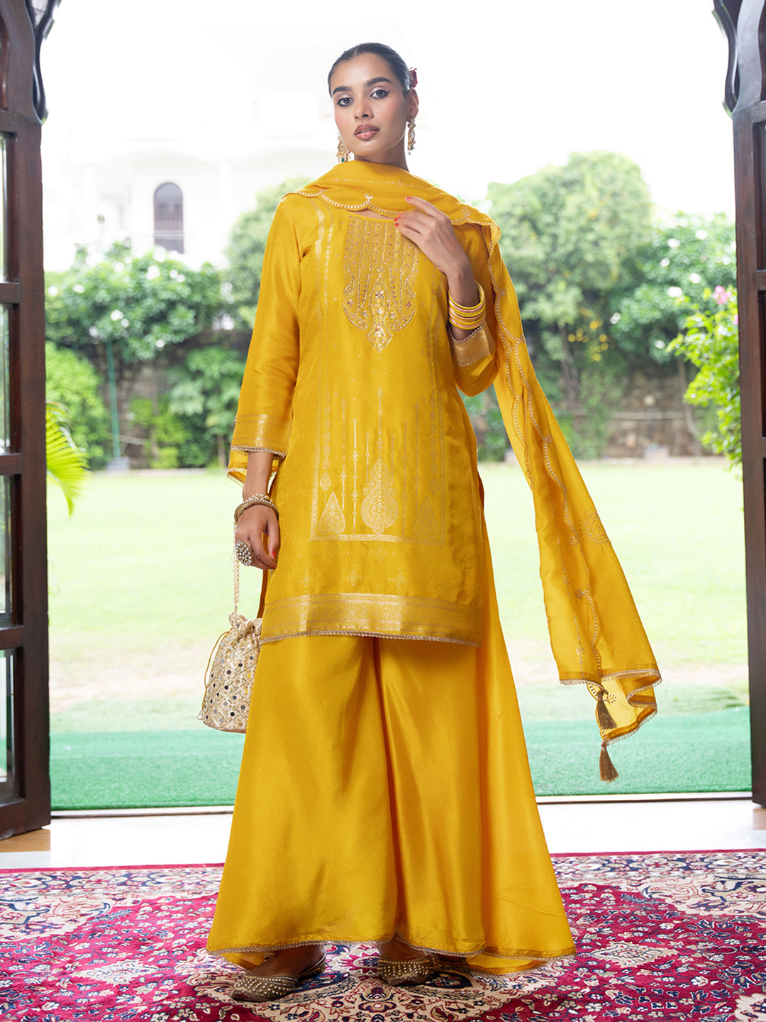 Yellow Silk Blend Jacquard  With Khatli Work Kurta With Palazzo And Dupatta Set