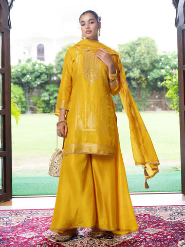 Yellow Jacquard Kurta Set with Dupatta