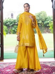 Yellow Silk Blend Jacquard  With Khatli Work Kurta With Palazzo And Dupatta Set