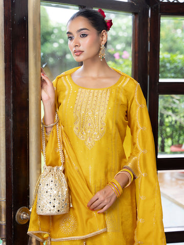 Yellow Silk Blend Jacquard  With Khatli Work Kurta With Palazzo And Dupatta Set