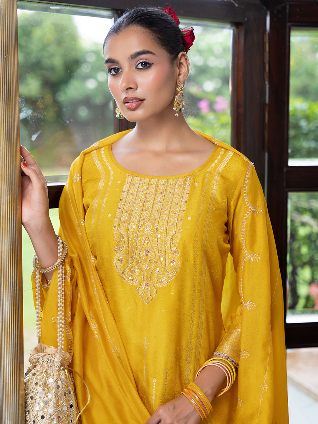 Yellow Silk Blend Jacquard  With Khatli Work Kurta With Palazzo And Dupatta Set