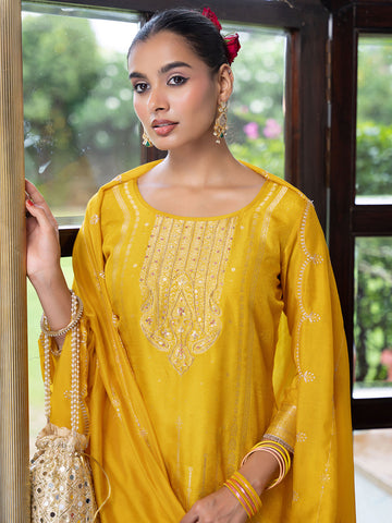 Yellow Jacquard Kurta Set with Dupatta