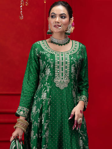 Green Silk Blend Zari Sequence Thread Embroidered Coding With Mirror Work Kurta With Pant And Dupatta Set