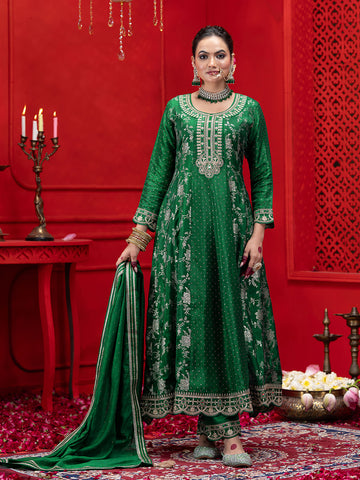 Green Silk Blend Zari Sequence Thread Embroidered Coding With Mirror Work Kurta With Pant And Dupatta Set