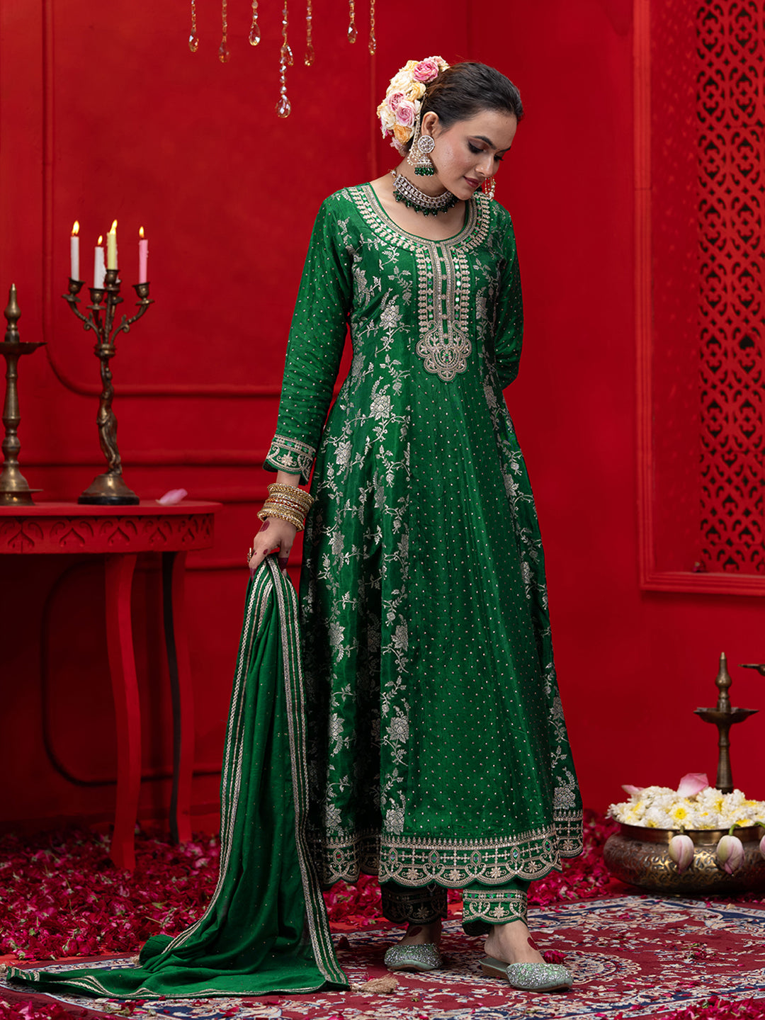 Green Silk Blend Zari Sequence Thread Embroidered Coding With Mirror Work Kurta With Pant And Dupatta Set