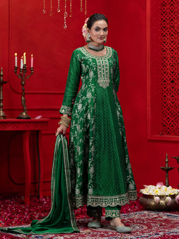 Green Silk Blend Zari Sequence Thread Embroidered Coding With Mirror Work Kurta With Pant And Dupatta Set