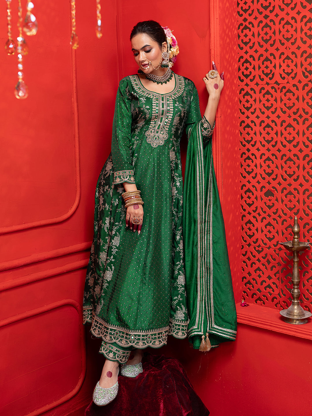 Green Silk Blend Zari Sequence Thread Embroidered Coding With Mirror Work Kurta With Pant And Dupatta Set