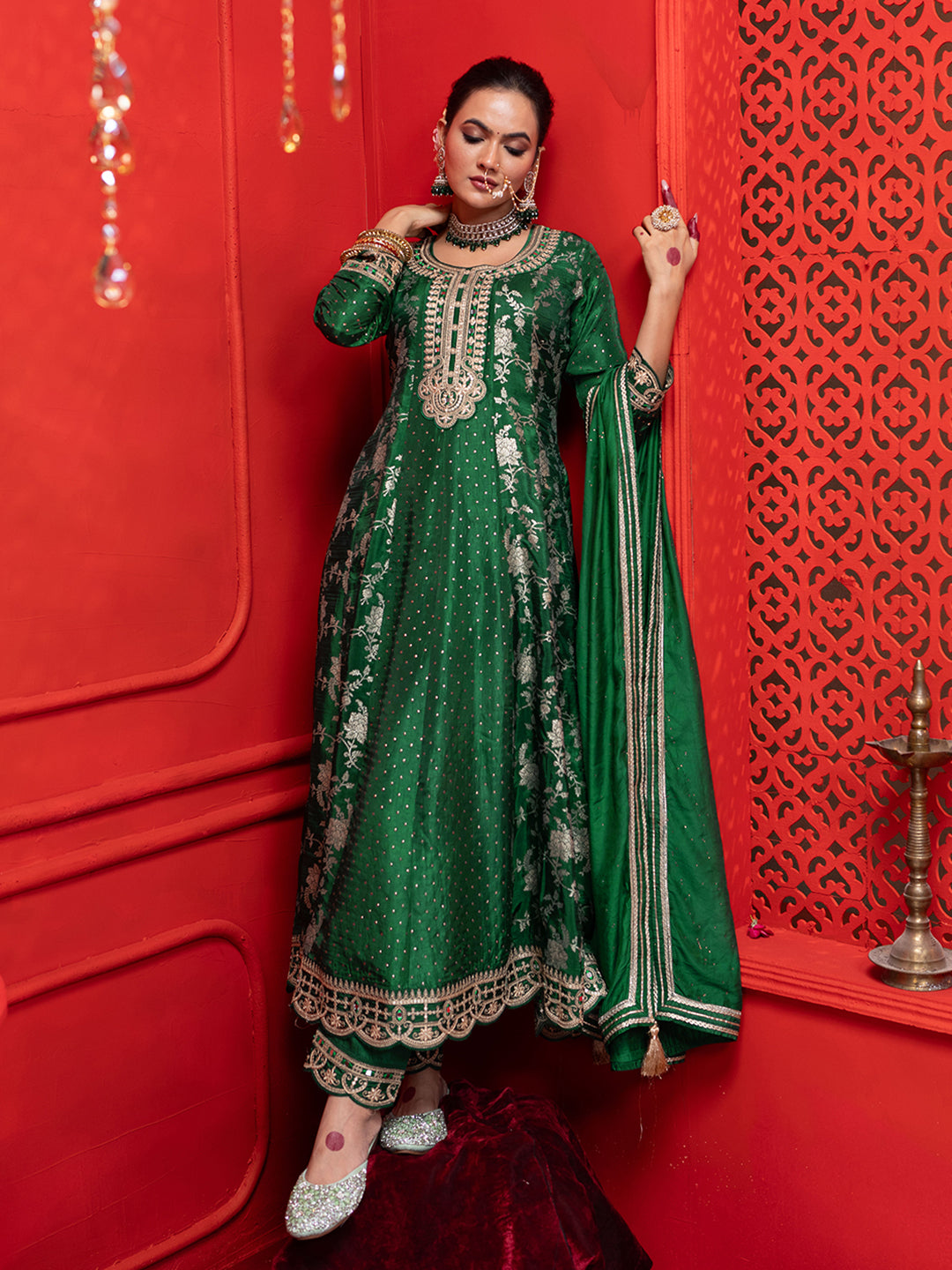 Green Silk Blend Zari Sequence Thread Embroidered Coding With Mirror Work Kurta With Pant And Dupatta Set