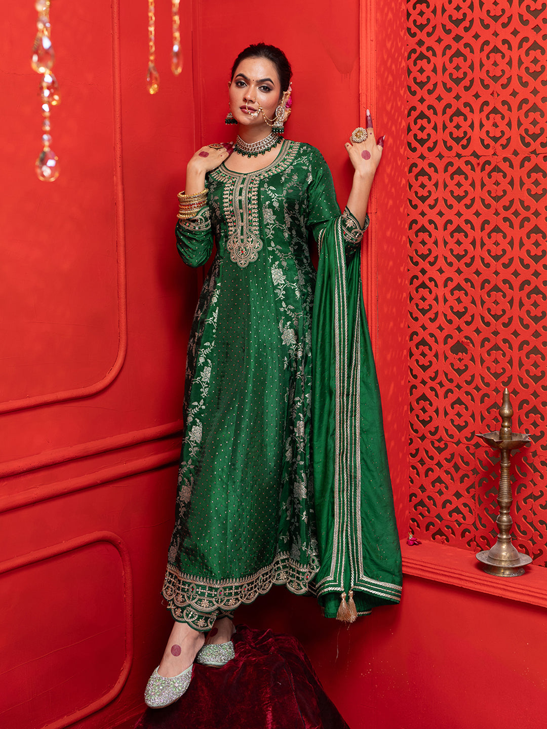 Green Silk Blend Zari Sequence Thread Embroidered Coding With Mirror Work Kurta With Pant And Dupatta Set