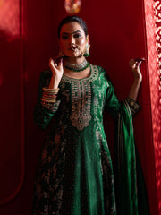 Green Silk Blend Zari Sequence Thread Embroidered Coding With Mirror Work Kurta With Pant And Dupatta Set