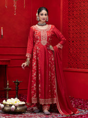 Red Silk Blend Zari Sequence Thread Embroidered Coding With Mirror Work Kurta With Pant And Dupatta Set