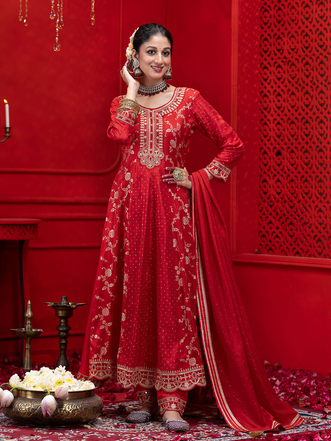 Red Silk Blend Zari Sequence Thread Embroidered Coding With Mirror Work Kurta With Pant And Dupatta Set