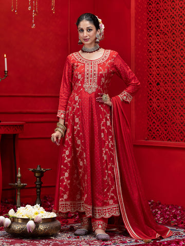 Red Silk Blend Zari Sequence Thread Embroidered Coding With Mirror Work Kurta With Pant And Dupatta Set
