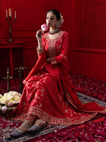 Red Silk Blend Zari Sequence Thread Embroidered Coding With Mirror Work Kurta With Pant And Dupatta Set